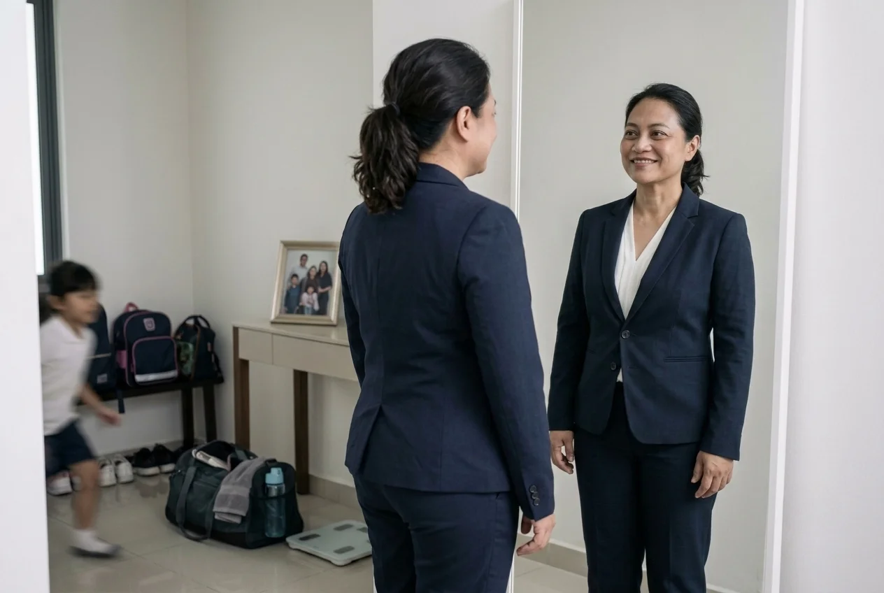 The same woman at her mirror after the programme, standing relaxed and smiling with visible weight loss.