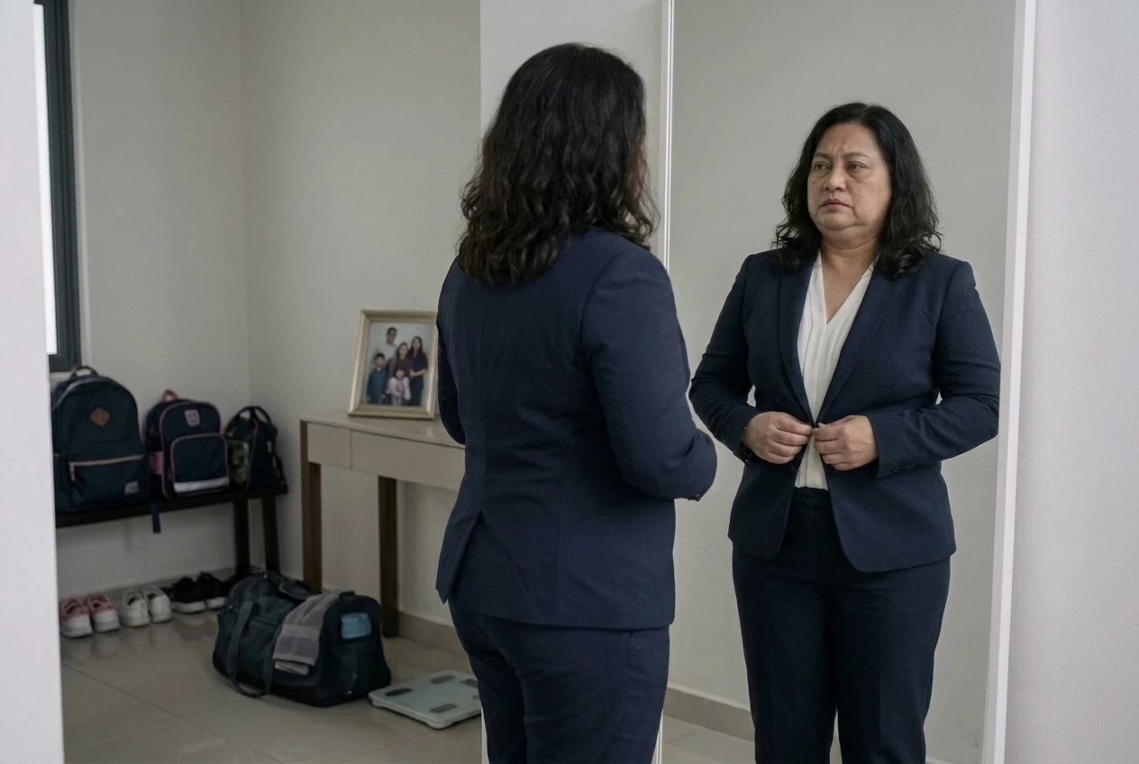 A woman in a navy suit at her mirror before the programme, buttoning her jacket with a tense, uncertain expression.