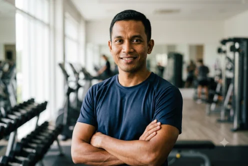 A health coach smiling in a bright consultation room