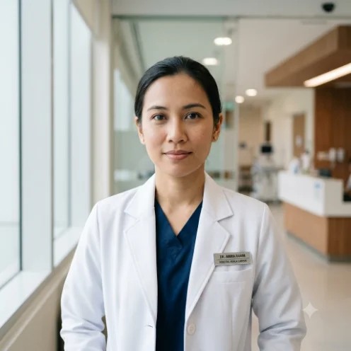 A doctor in a white coat standing in a bright hospital corridor