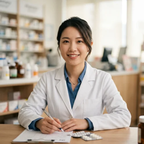 A pharmacist in a white coat behind a pharmacy counter