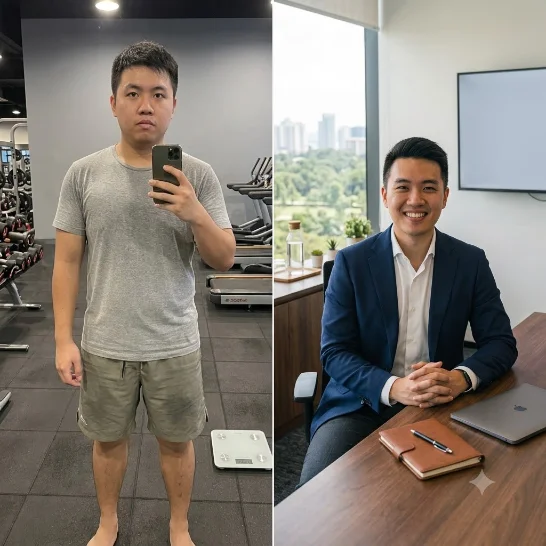 Side-by-side before and after photos of a man who lost 15 kg