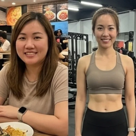 Side-by-side before and after photos of a woman who lost 18 kg