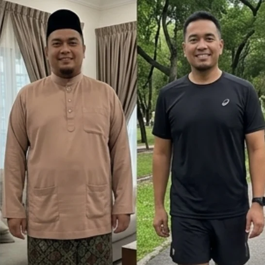 Side-by-side before and after photos of a man who lost 12 kg