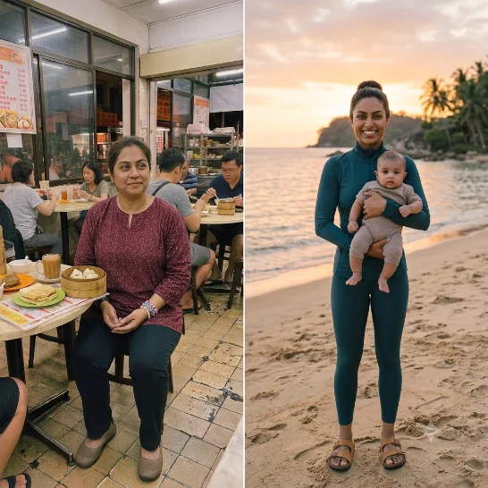 Side-by-side before and after photos of a woman who lost 9.5 kg