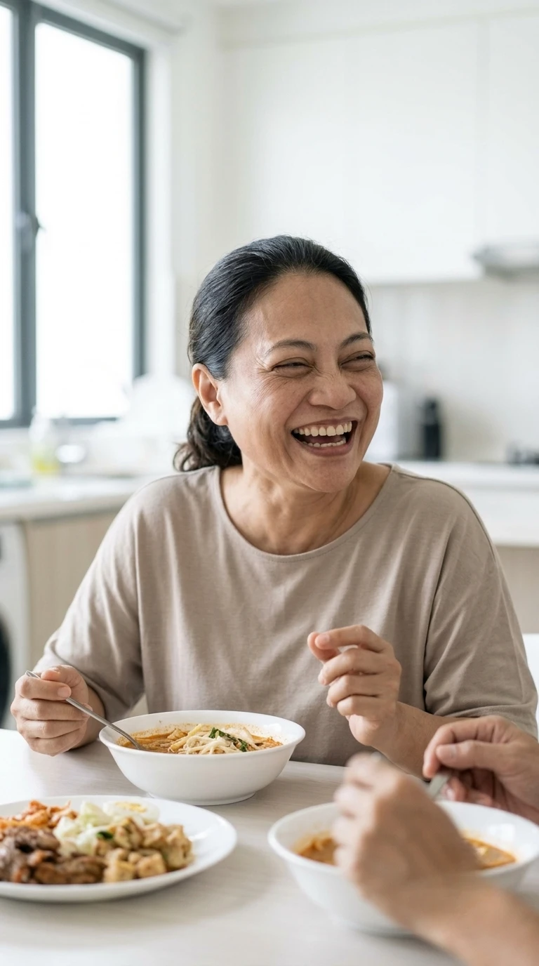 A smiling woman laughing over a shared home-cooked meal at her kitchen table