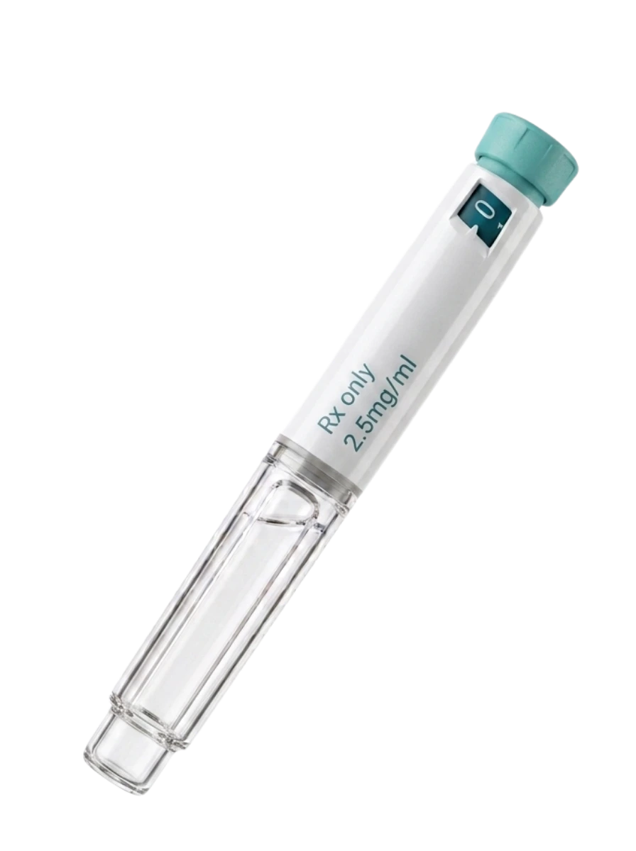 A single-use auto-injector pen with a white body and a teal cap, shown at a slight diagonal tilt.
