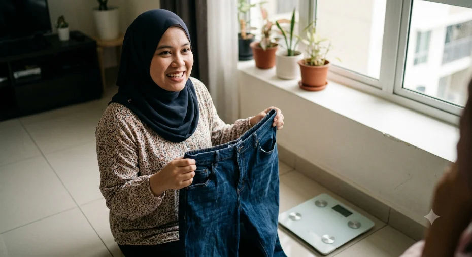 A smiling woman holding up a pair of jeans that no longer fit her